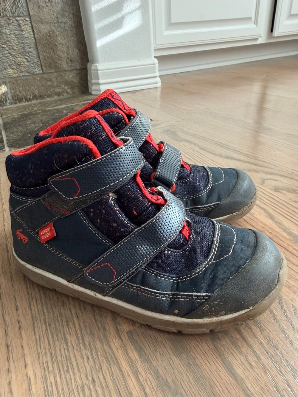 Waterproof Kids Navy and Red Mid-Top Hook-and-Loop Sneakers